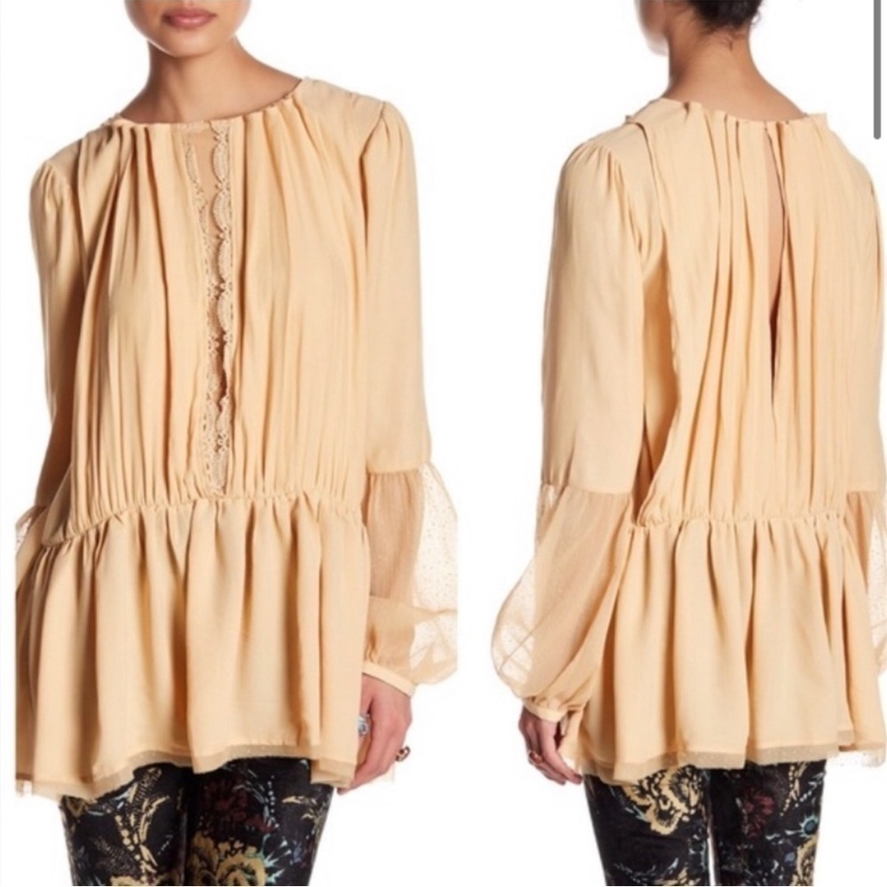 FREE PEOPLE Lace Long Sleeve Tunic Dress Yellow Sz L